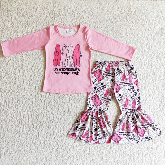 Sample-Real Pics GLP0173 (1) Baby Girl Clothes Pink Ghost Halloween Print Long Sleeve Top Flare Pant Outfit-promotion $5.5 2026.9.19