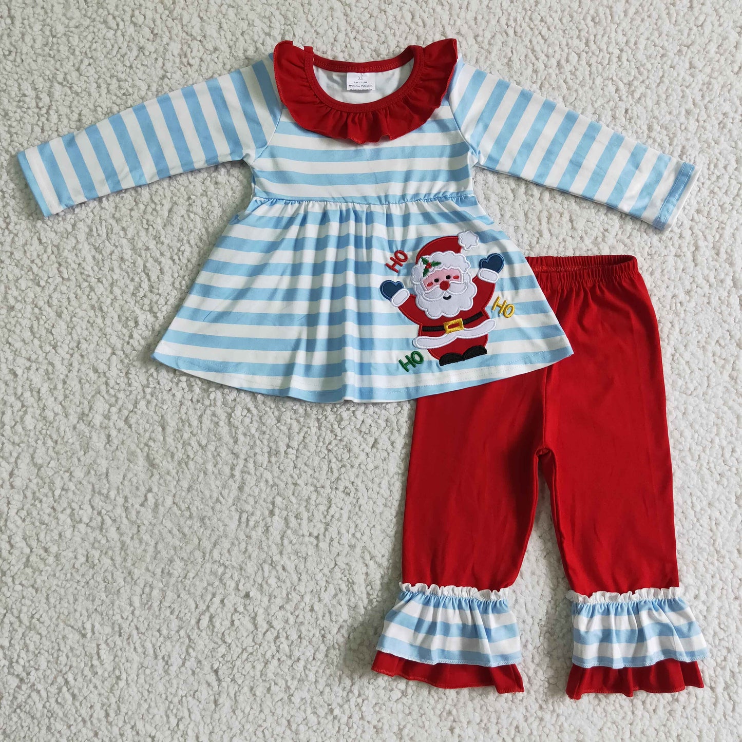 GLP0175 embroidry  blue stripe Christmas Santa long sleeve girl outfit RTS 20230811