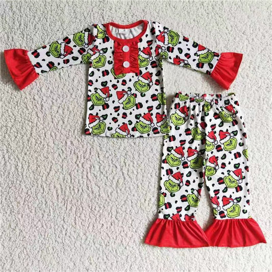 GLP0214 merry Christmas green grin long sleeve girl pajamas outfit  RTS 20230520