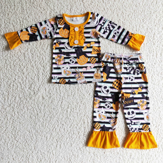 Promotion RTS GLP0238 orange pumpkin halloween long sleeve pants Girl pajamas outfit sibling