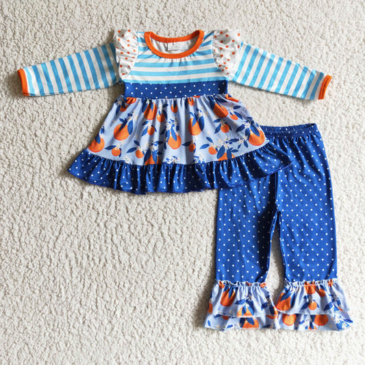 Promotion RTS GLP0244 orange blue stripe dots ruffle long sleeve pants girls outfit
