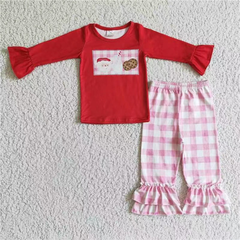 202408 RTS promotion GLP0285 RTS Christmas Santa cookies long sleeve pink plaid girl outfit