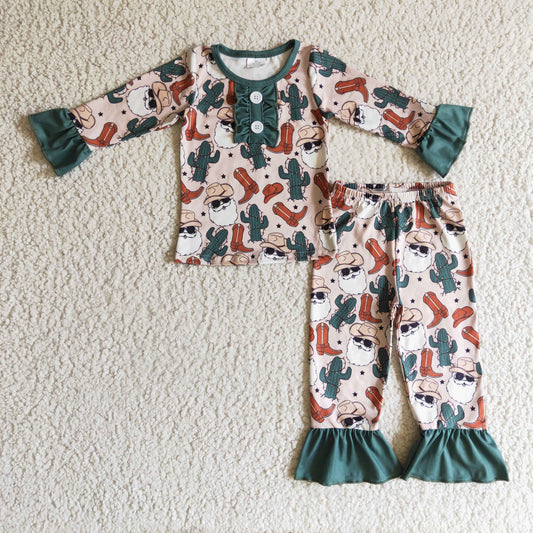 promotion $5.5 2026.10.17 GLP0291 Baby Girl Clothes Western Cowboy Santa Cactus Long Sleeve Ruffle Top Bell Pant Set