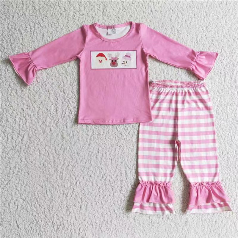 promotion GLP0315 pink plaid deer snow christmas long sleeve girl pajamas outfit 20230520 RTS