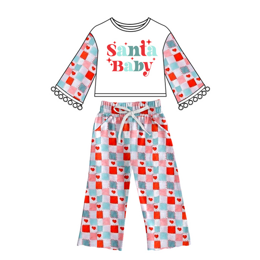 GLP0428 Christmas santa baby checkerboard Long sleeve girl outfit preorder 20230425