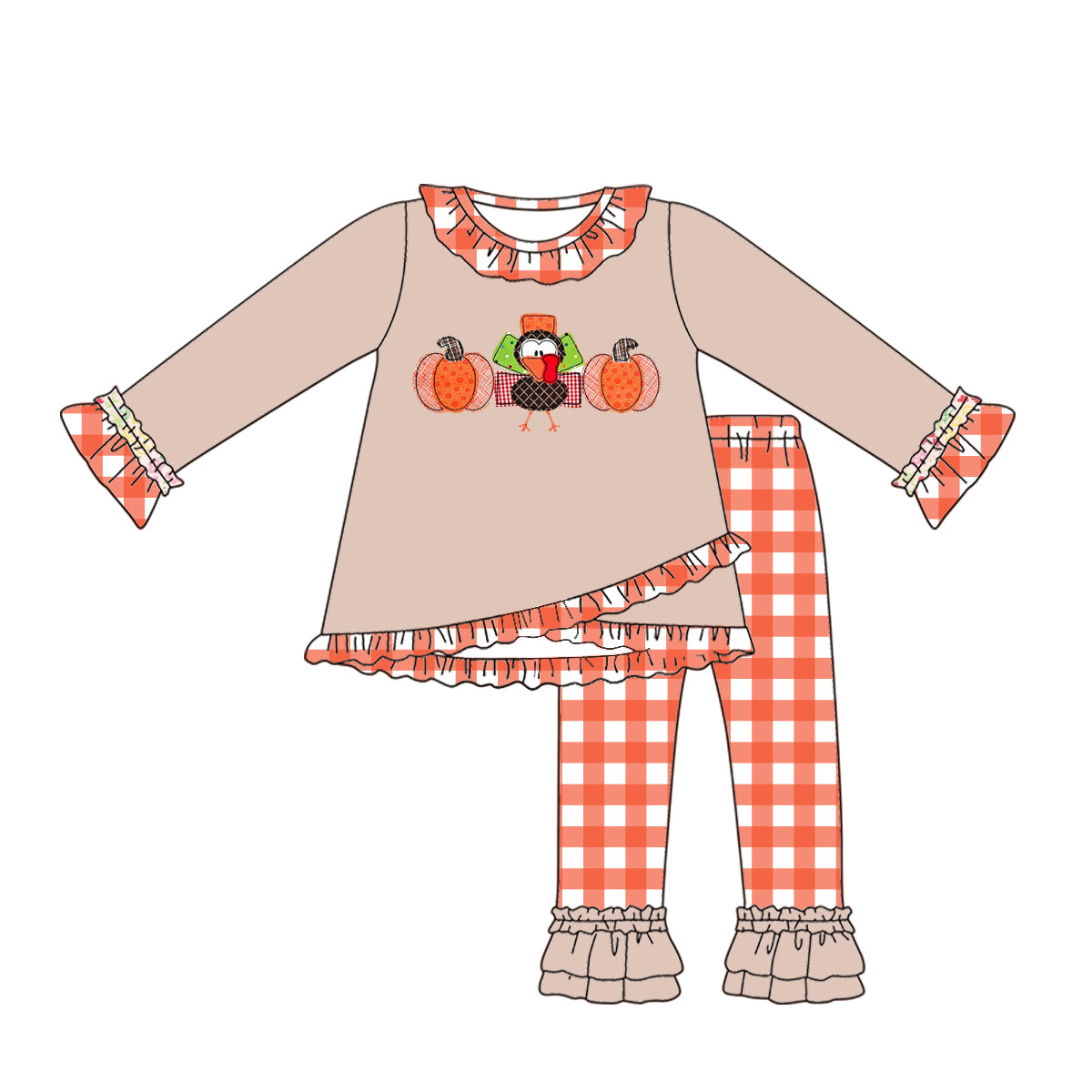 GLP0443 leopard turkey embroidery cotton thanks giving long sleeve girl outfit 20230512 preorder