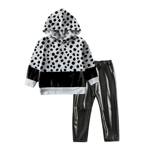 GLP0452 hoodie leopard top short sleeve leather black pants girl outfit 20230518 preorder