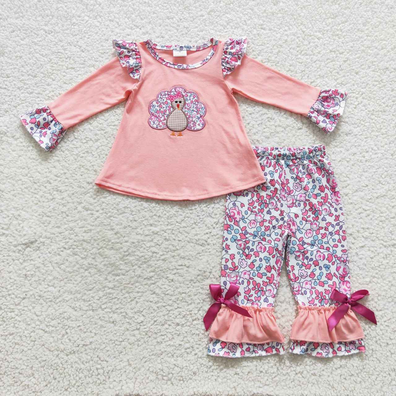 GLP0466  thanksgiving turkey pink long sleeve kids girl outfit 20230807 RTS