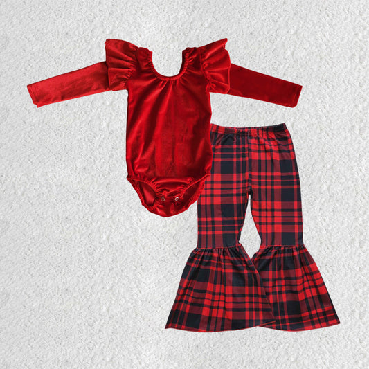 GLP0479 long sleeve bell bottom Western red plaid christmas girl romper and outfits 20230525 RTS