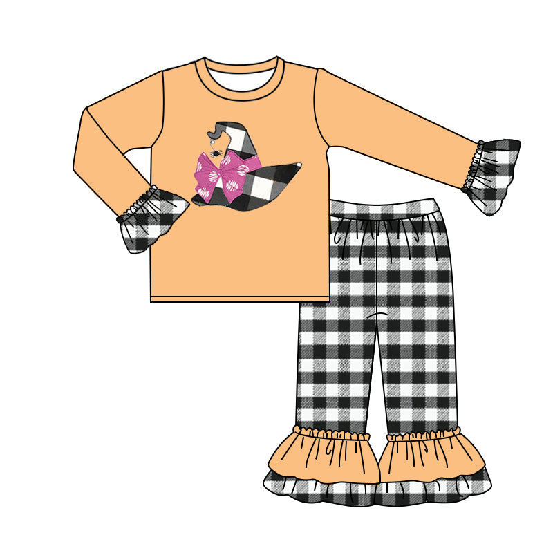 GLP0540 hat witch halloween plaid long sleeve pants girl outfit 20230609