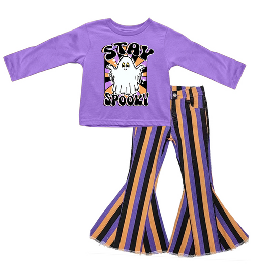 GLP0612组合 stay spooky boo Halloween purple long sleeve stripe denim jeans girl outfit 20230703 preorder