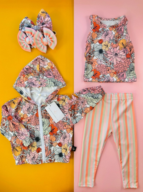 GLP0617组合 preorder 3pcs western flower stripe short sleeve brown pants girl outfit 20230704