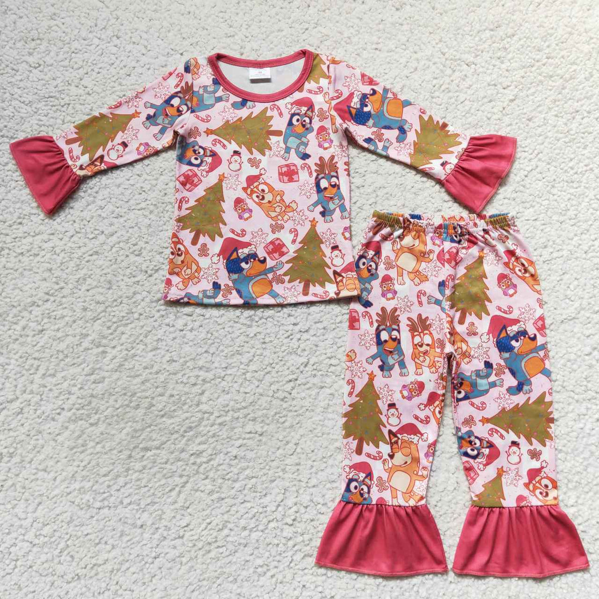NO MOQ RTS GLP0622 (2) Baby Girl Clothes Christmas Cartoon Dog Mixed Print Long Sleeve Flare Pant Pajama Set 202610