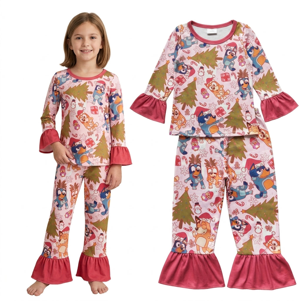 NO MOQ RTS GLP0622 (2) Baby Girl Clothes Christmas Cartoon Dog Mixed Print Long Sleeve Flare Pant Pajama Set 202610