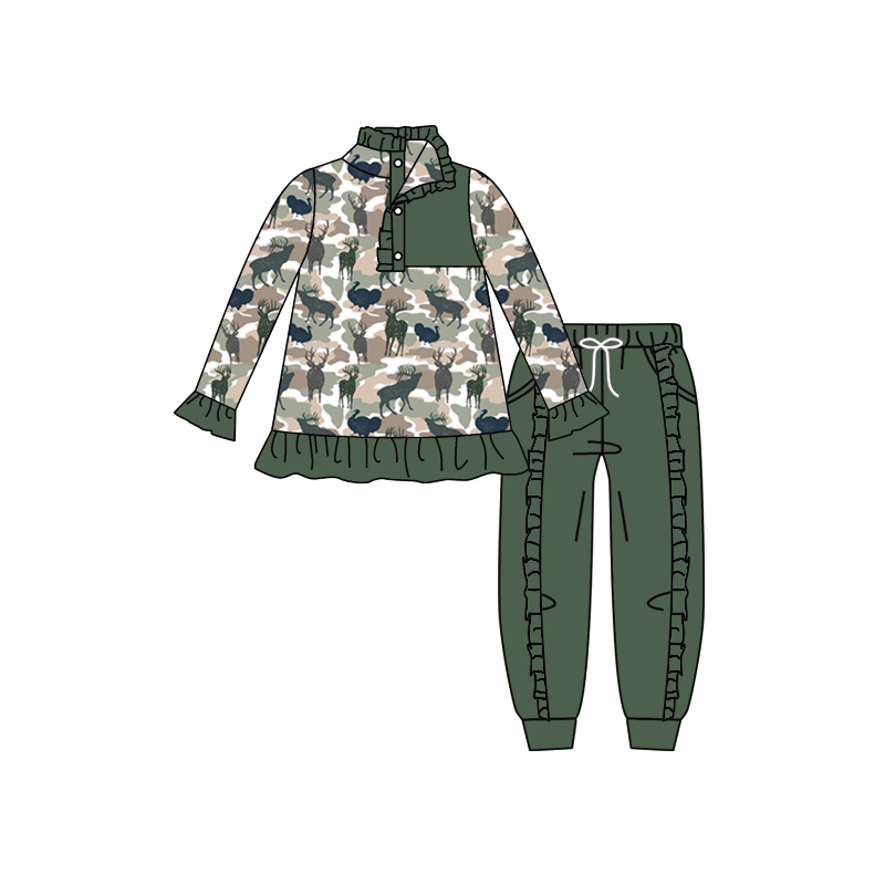 GLP0634 preorder Christmas cartoon camo deer green long sleeve pants girl outfit 20230707