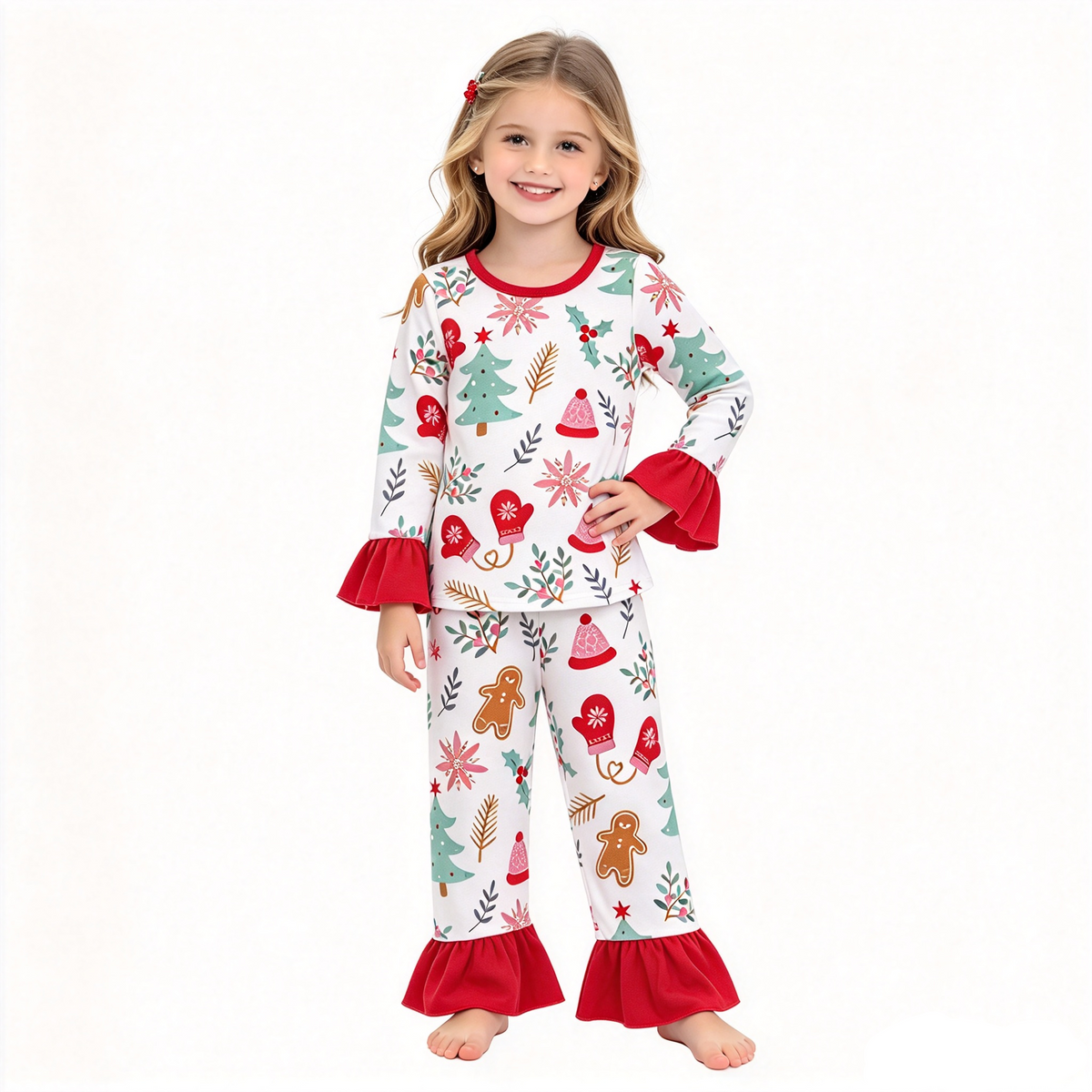 NO MOQ RTS GLP0636 Baby Girl Clothes Christmas Gingerbread Tree Mixed Print Long Sleeve Ruffle Flare Pant Pajama Set 202610