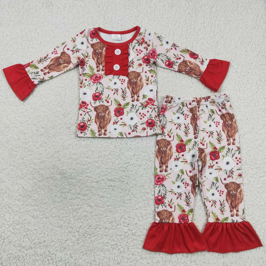 GLP0665 RTS flower cow long sleeve pants pink girl outfit pajamas  20230828