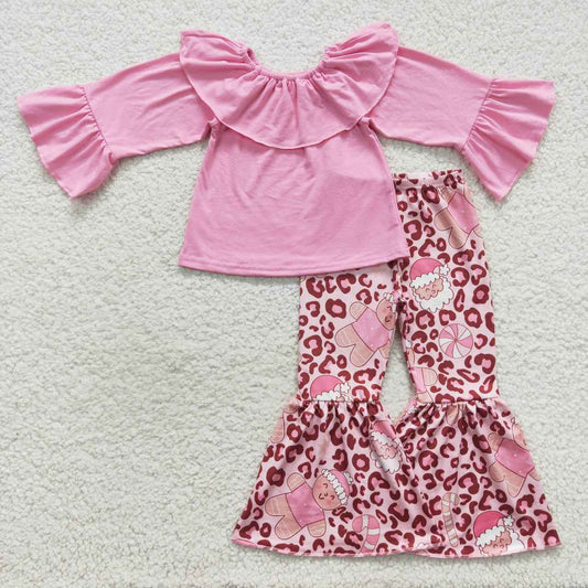 GLP0673 Christmas Santa long sleeve girl pink leopard off shoulder outfit 20230830 RTS