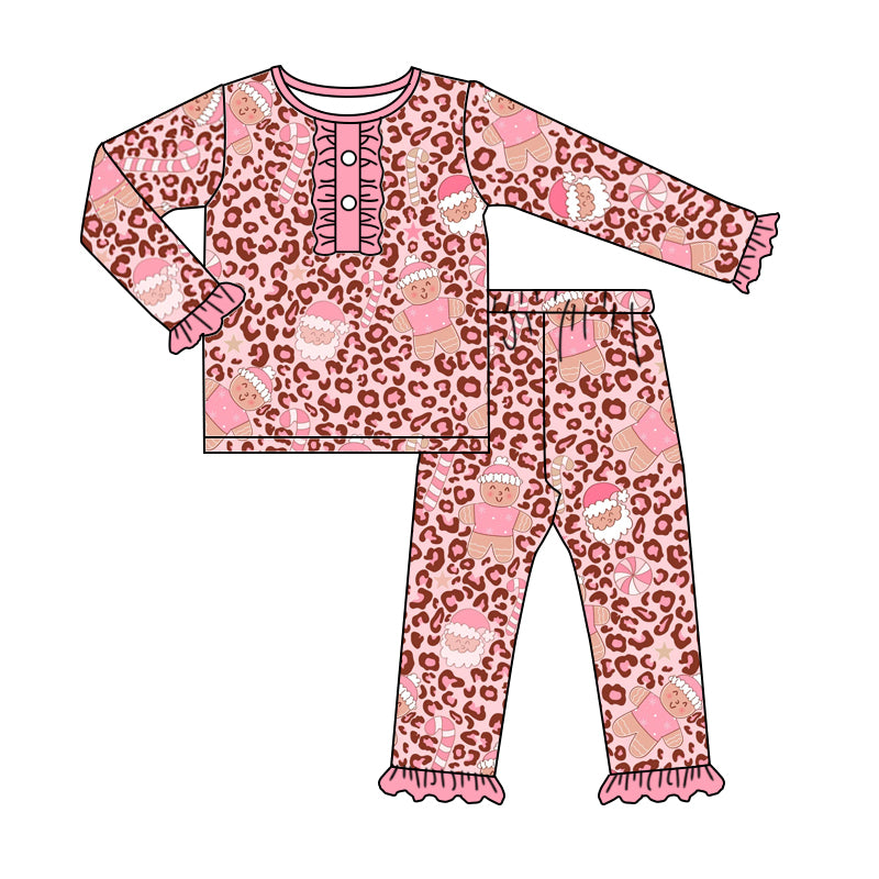 GLP0674 Christmas Santa long sleeve girl pink leopard pajamas outfit 20230722 preorder