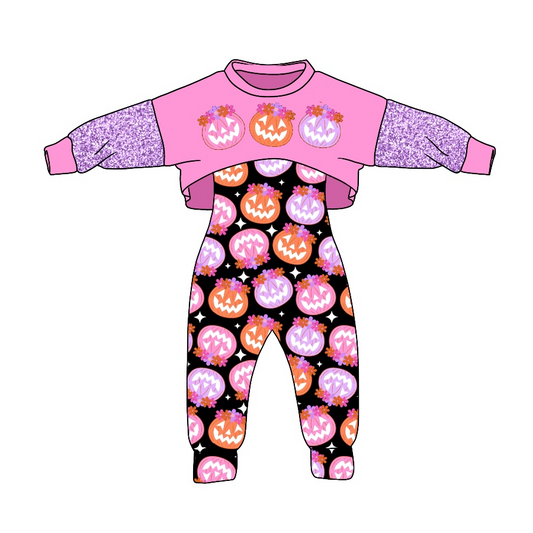 GLP0685  halloween pumpkin overall Long Sleeve jumpsuit Girl outfit preorder 20230726