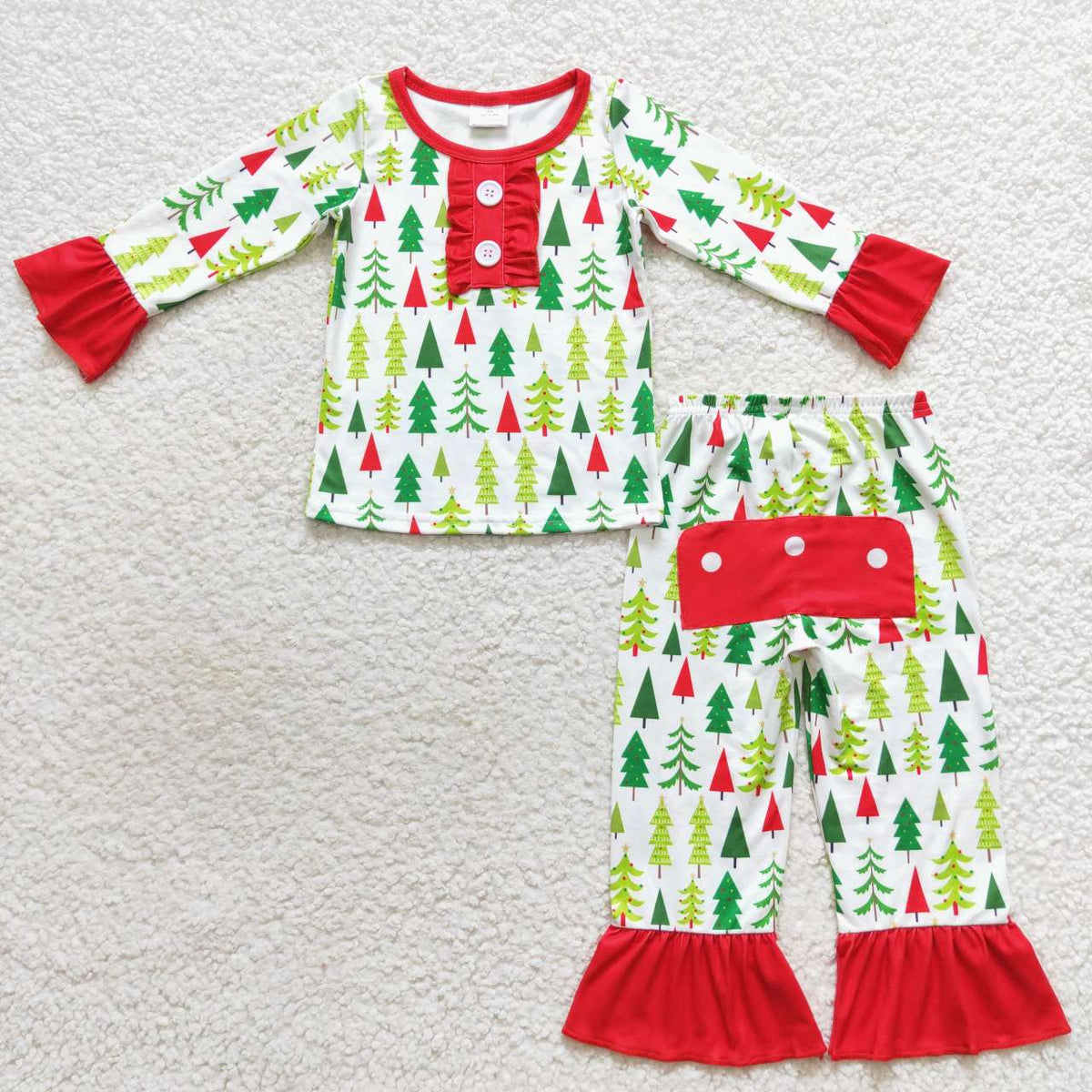 NO MOQ RTS GLP0725 Baby Girl Clothes Christmas Tree Allover Print Long Sleeve Ruffle Flare Pant Pajama Clothes Set 202610