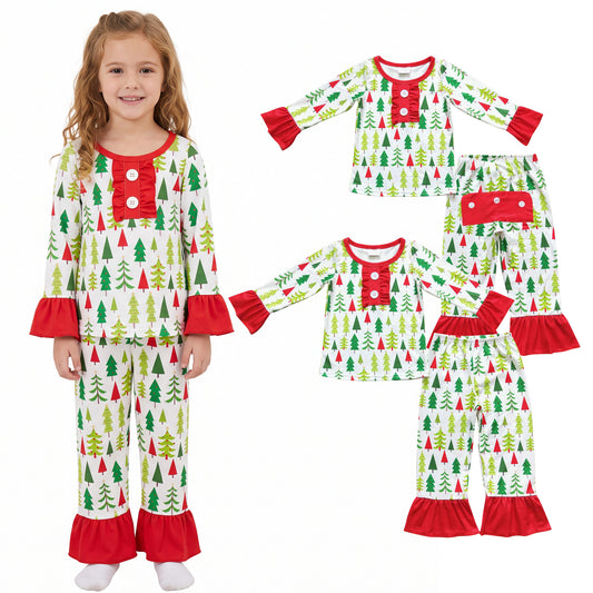 NO MOQ RTS GLP0725 Baby Girl Clothes Christmas Tree Allover Print Long Sleeve Ruffle Flare Pant Pajama Clothes Set 202610