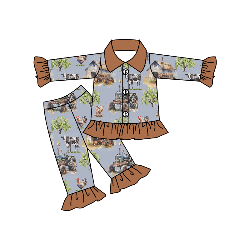 GLP0729 western farm cow long sleeve girl pajamas outfit preorder 20230808