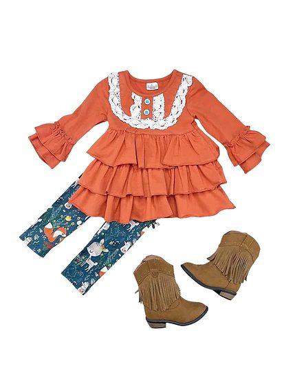 GLP0752 Christmas deer long sleeve girl ruffle orange outfit preorder 20230821