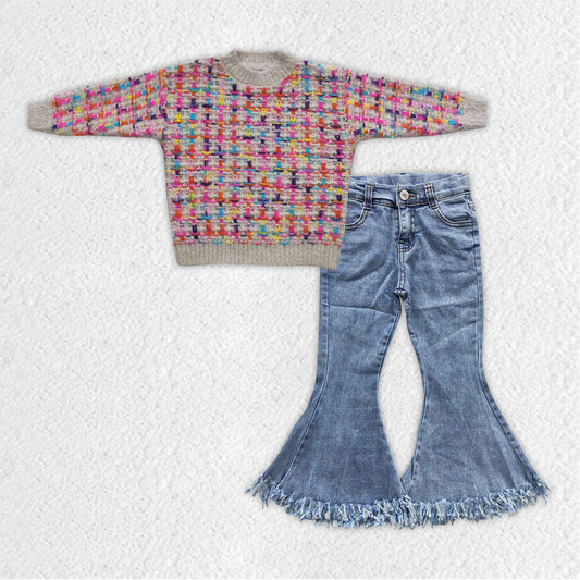 GLP0753组合 RTS colorful sweater blue jeans long sleeve girl outfit