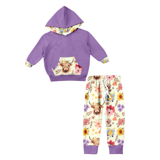 preorder GLP0785 western cow flower purple hoodie long sleeve jogging pants girl outfit 20230831