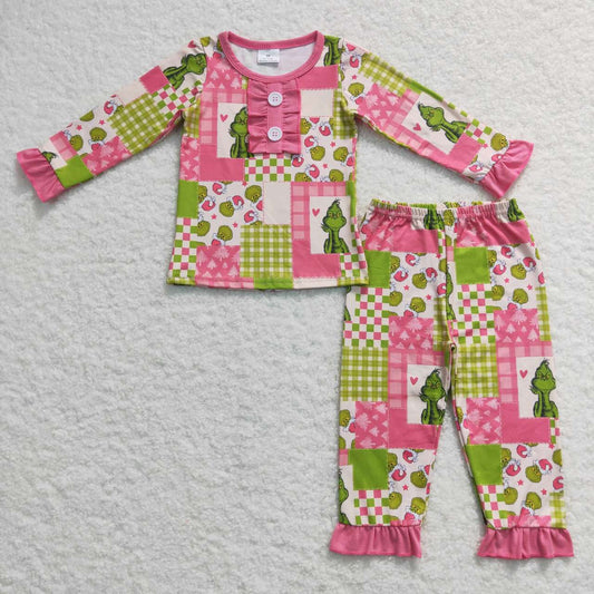 GLP0846 Christmas grinch long sleeve pants girl pajamas outfit 20231014