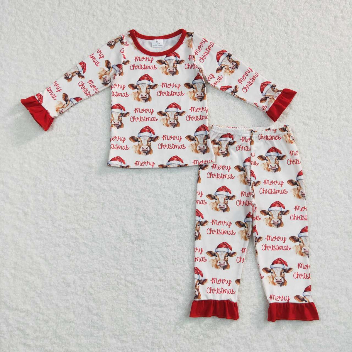 NO MOQ RTS GLP0866 Baby Girl Clothes Christmas Cow With Santa Hat Allover Print Long Sleeve Ruffle Flare Pant Pajama Clothes Set 202610