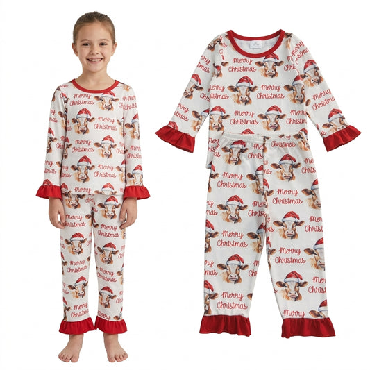 NO MOQ RTS GLP0866 Baby Girl Clothes Christmas Cow With Santa Hat Allover Print Long Sleeve Ruffle Flare Pant Pajama Clothes Set 202610