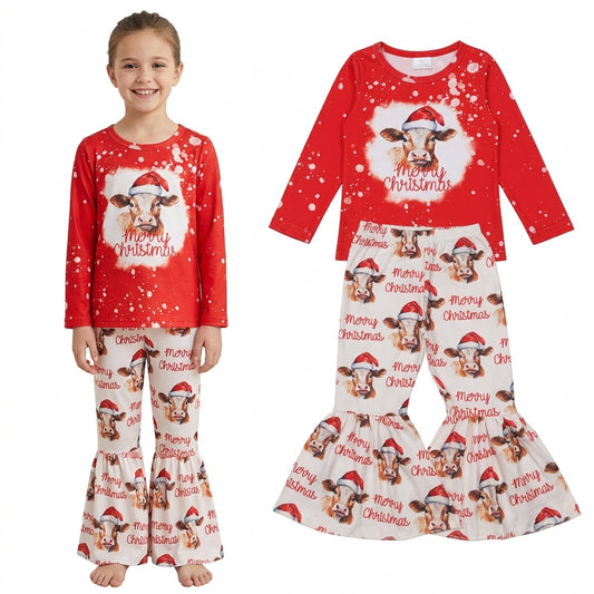 NO MOQ RTS GLP0868 Baby Girl Clothes Christmas Cow With Santa Hat Mixed Print Long Sleeve Flare Bell Pant Pajama Clothes Set 202610
