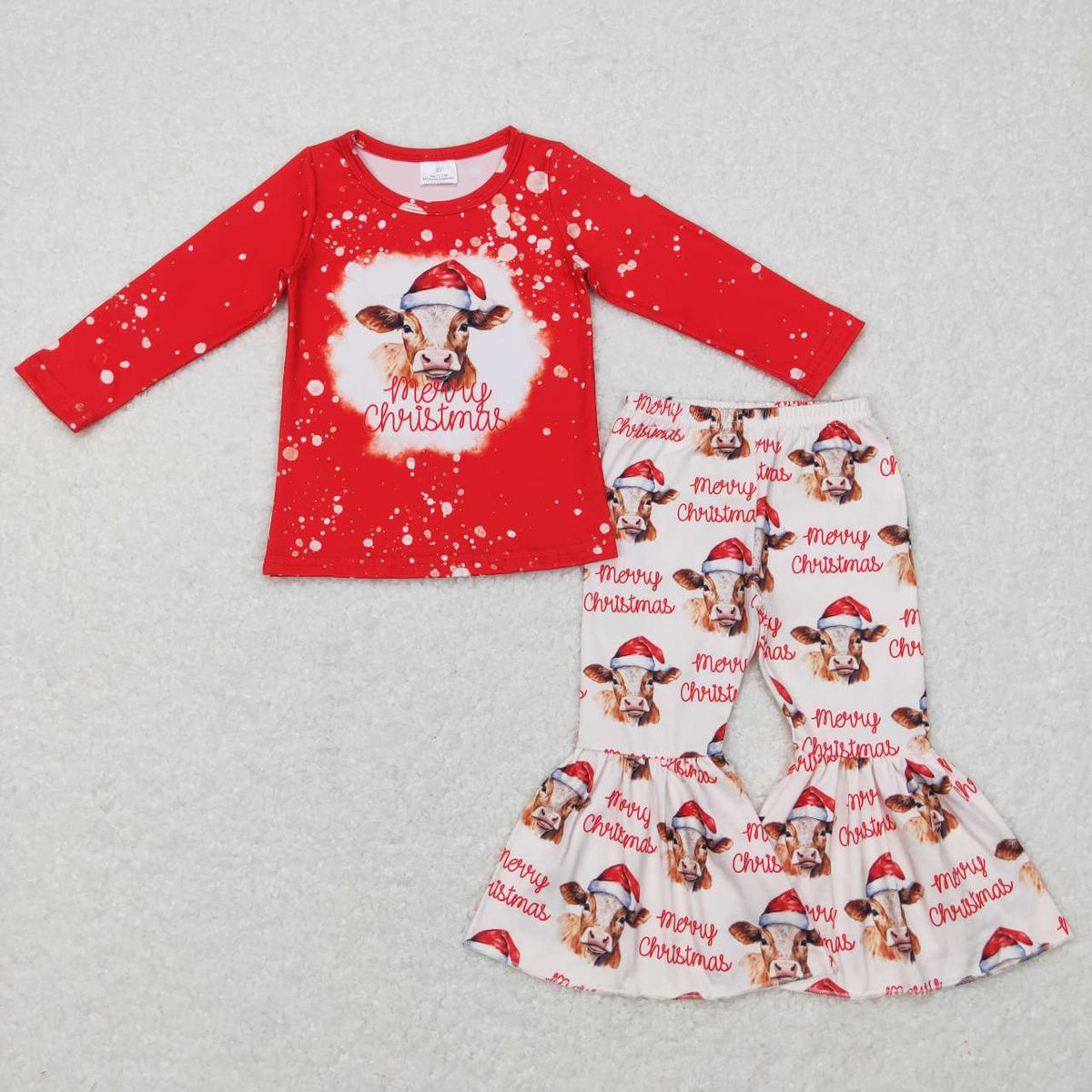 NO MOQ RTS GLP0868 Baby Girl Clothes Christmas Cow With Santa Hat Mixed Print Long Sleeve Flare Bell Pant Pajama Clothes Set 202610
