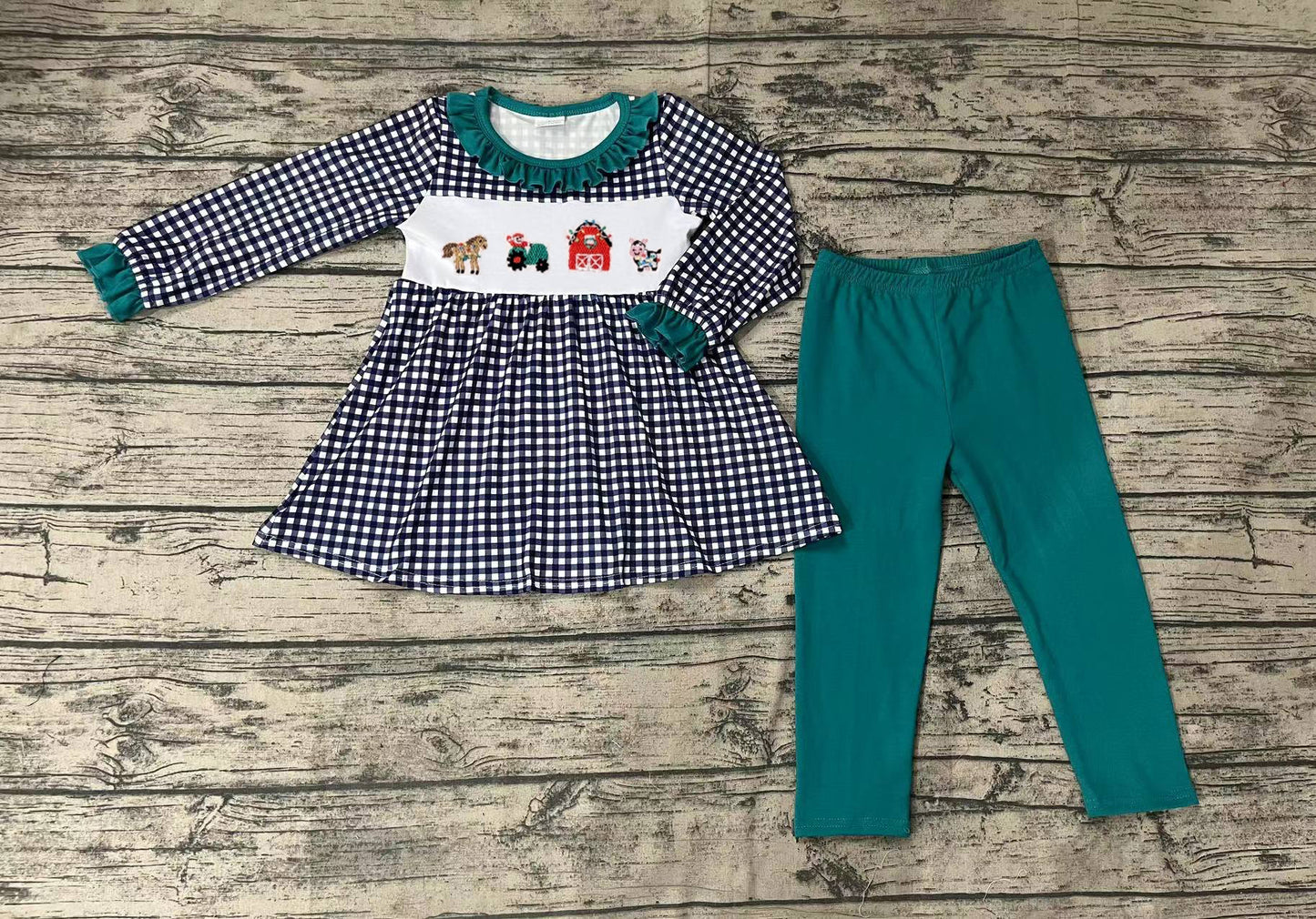 GLP0885 RTS farm checkerboard embroidery long sleeve kids girl outfit 202231106