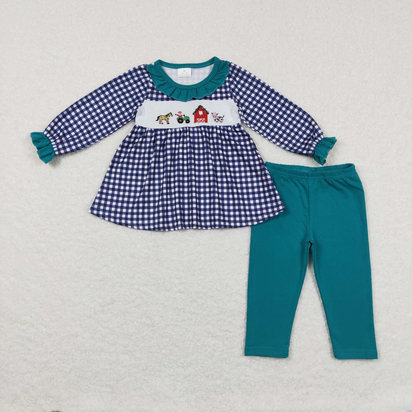 GLP0885 RTS farm checkerboard embroidery long sleeve kids girl outfit 202231106