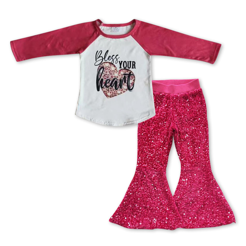 GLP0924组合 RTS  bless your heart pink long sleeve love sequin girl outfit 20231003 RTS