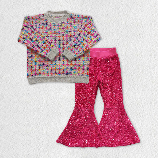 GLP0930 RTS long sleeve pink sweater sequin girl outfit 20231121