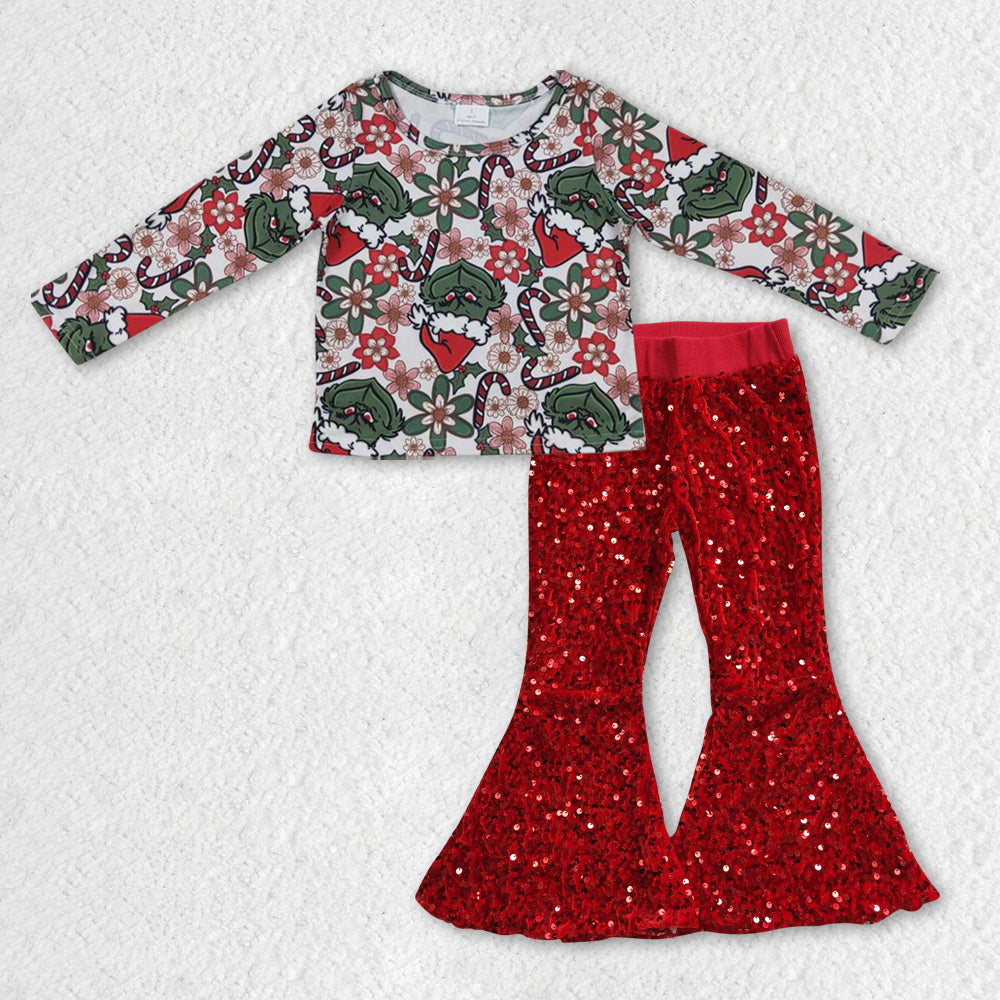 GLP0932 RTS Christmas grinch long sleeve sequin girl outfit 202301004