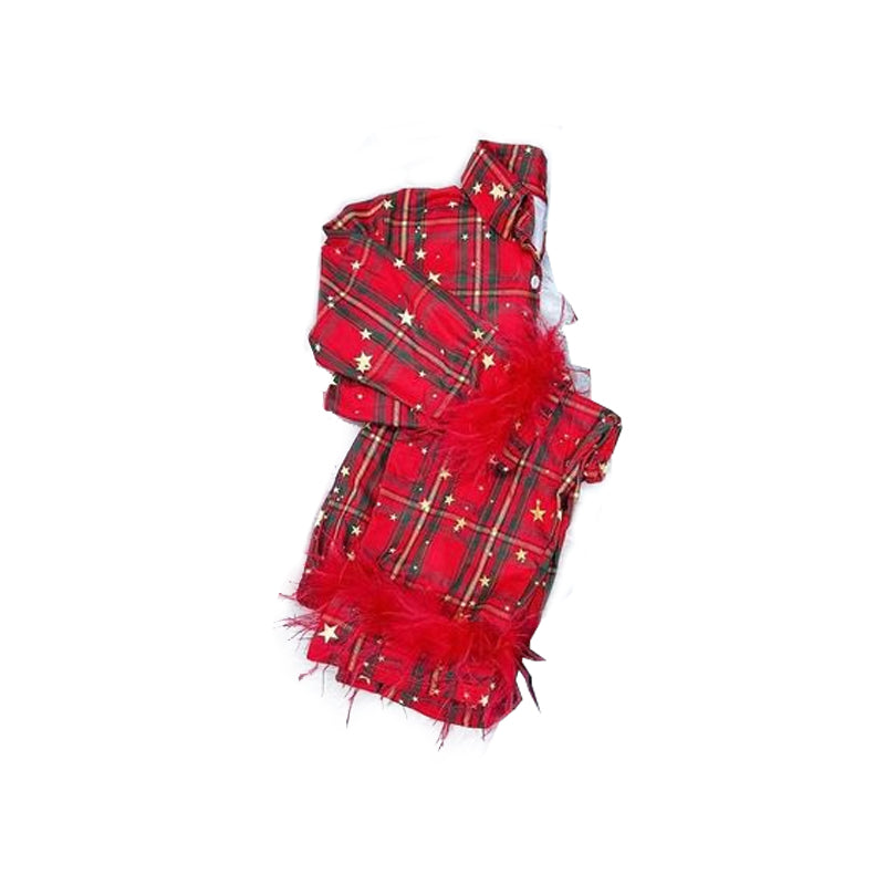 GLP0957 fluffy fur Christmas santa blue checkerboard long sleeve girl pajamas outfit preorder 20231009