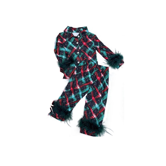 GLP0957 fluffy fur Christmas santa blue checkerboard long sleeve girl pajamas outfit preorder 20231009