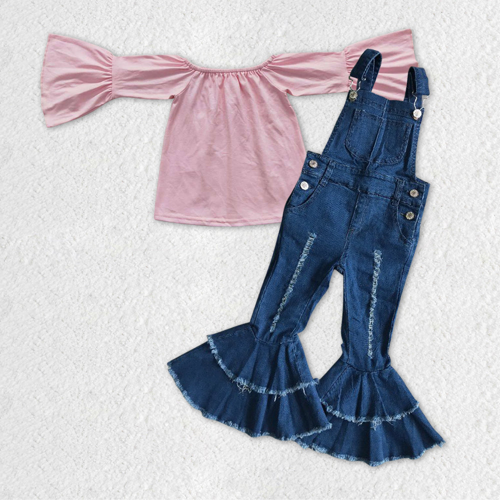 GLP1034组合 pink flare sleeves top suspender overall long sleeve girl OUTFIT RTS 20231106