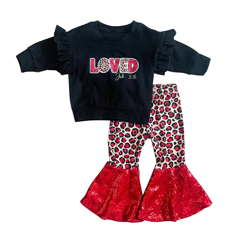 GLP1037 preorder love leopard valentines embroidery long sleeve kids girl pajamas outfit 202231106