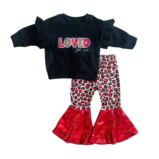 GLP1037 preorder love leopard valentines embroidery long sleeve kids girl pajamas outfit 202231106