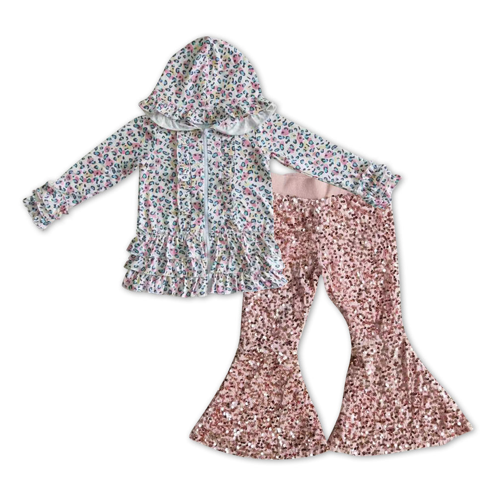 GLP1039组合 hoodie ruffle leopard long sleeve pinnk sequin girl outfit 20231108 RTS