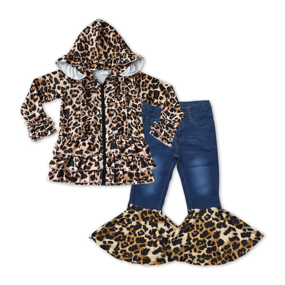 GLP1040组合 hoodie zip leopard denim jeans girl outfit 20231108 RTS