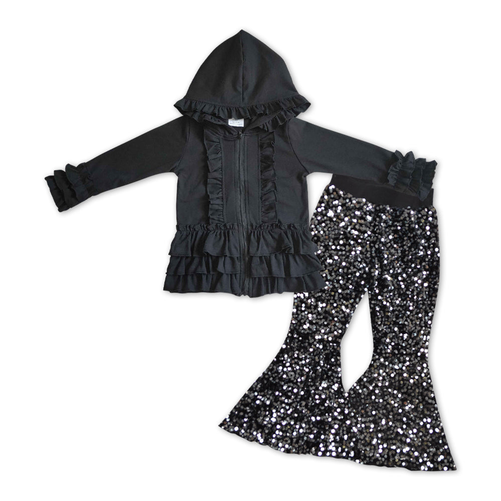 GLP1045组合 hoodie ruffle black long sleeve sequin girl outfit 20231108 RTS