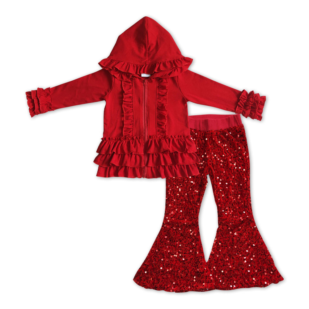 GLP1048组合 hoodie ruffle red cotton solid long sleeve red sequin girl outfit 20231108 RTS =