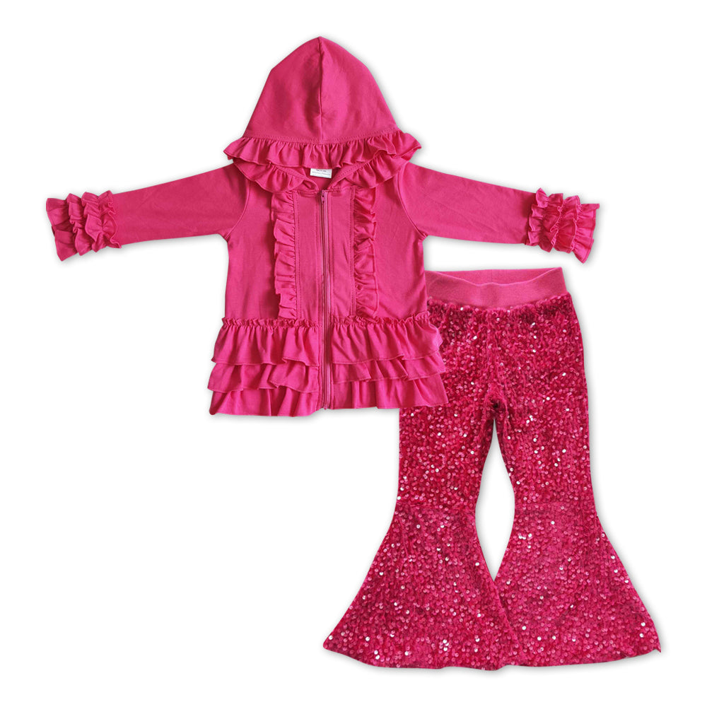 GLP1049组合 hoodie ruffle hotpink cotton solid long sleeve sequin girl outfit 20231108 RTS